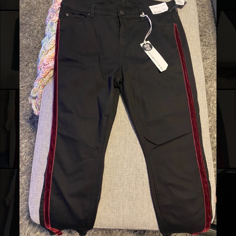 NWT - Black skinny jeans w/ maroon velvet stripes